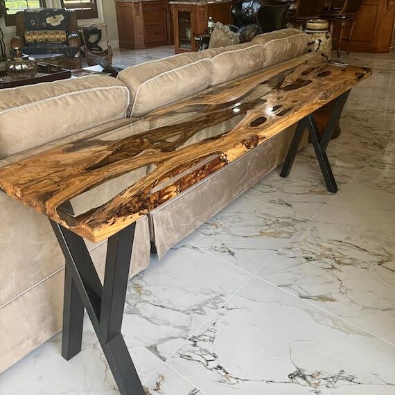 Custom Live Edge Wood Epoxy Sofa Table: Metal...