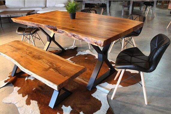 Modern Walnut Live Edge Dining Table with Ben...