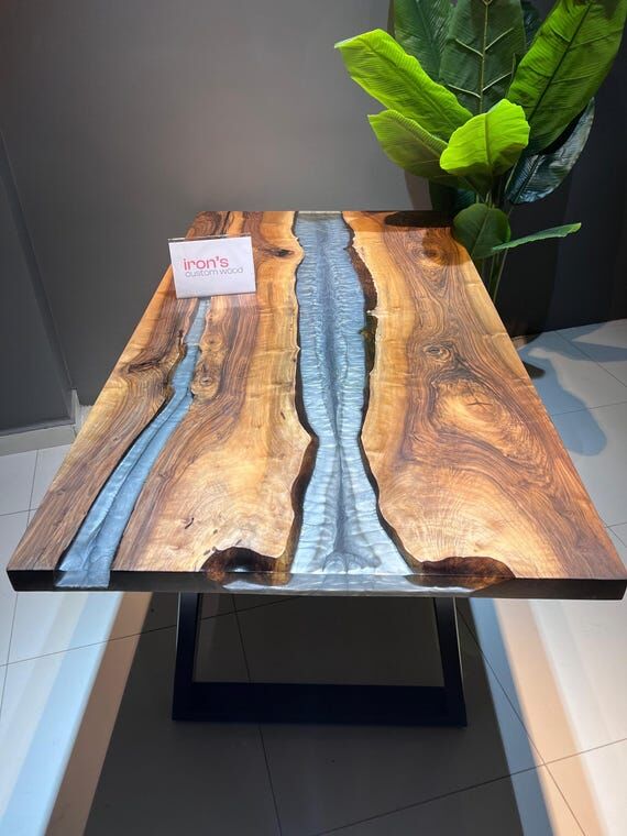Live Edge Walnut Dining Table: Gray Epoxy Res...