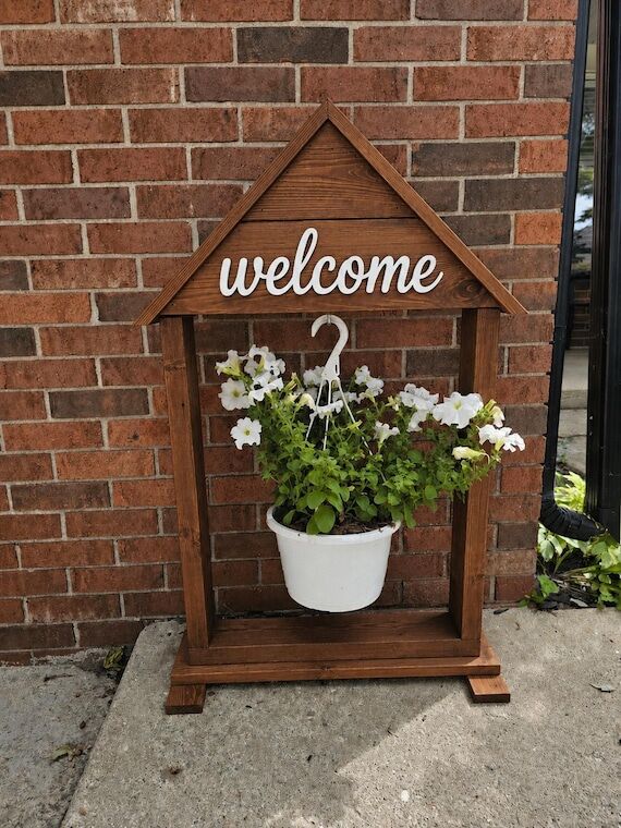 Rustic Wooden Welcome Planter Stand | Porch F...