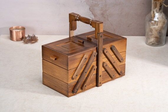 Handmade Walnut Wood Fold Out Sewing Box, Vin...