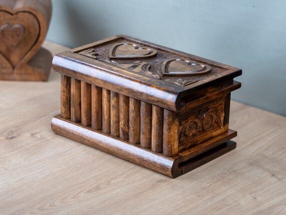 Hand Carved Walnut Puzzle Box with Hearts, Cu...