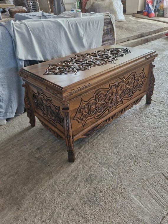 Hand Carved Walnut Wooden Trunk, Rustic Blank...