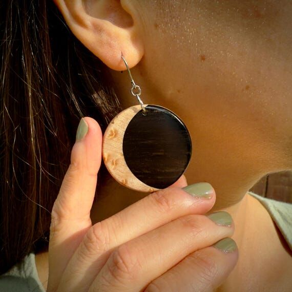 Macassar Ebony & Maple Moon Inlay Earrings: L...