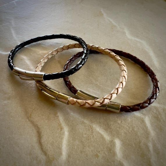 Braided Leather Bracelet with Stainless Steel...