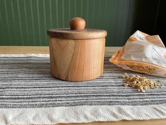 Hand Turned Cherry Wood Canister: Walnut Lid,...