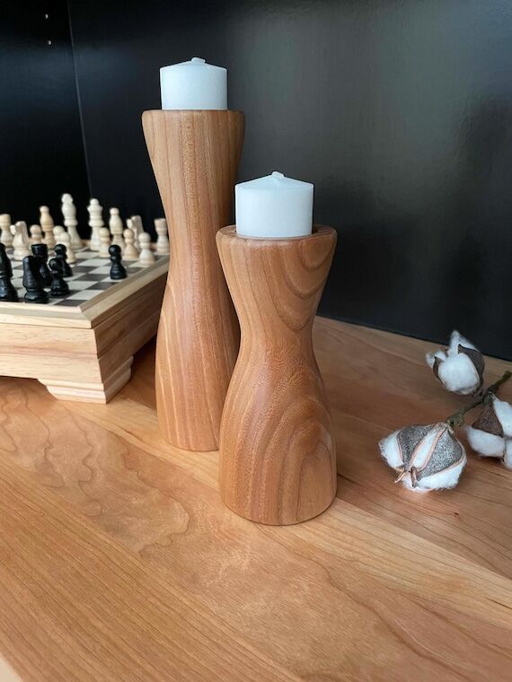 Handmade Walnut Wood Candle Holder Pair: Voti...