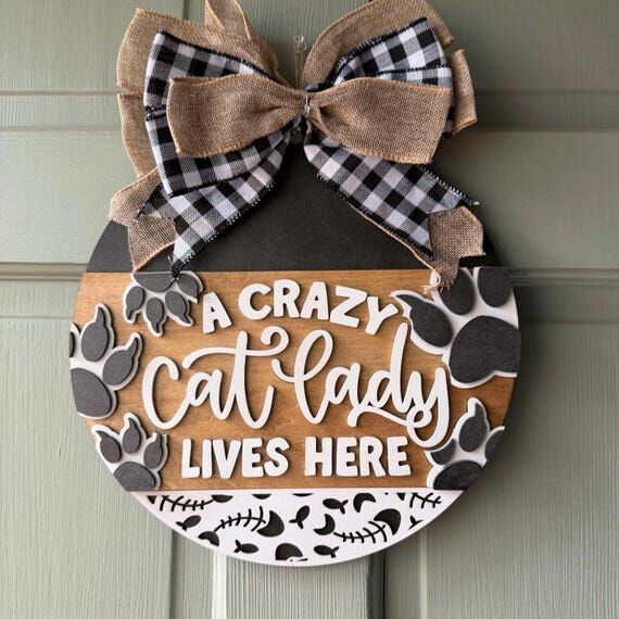 Crazy Cat Lady Door Hanger | Cat Lover Wood D...