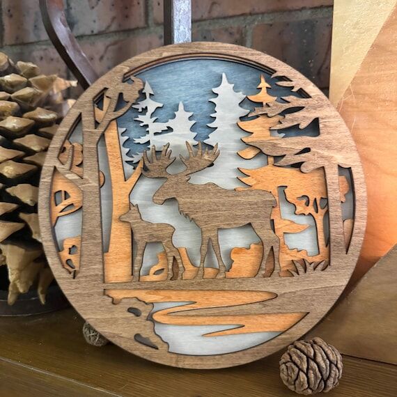 Layered Moose & Calf Wood Round – Rustic Wi...