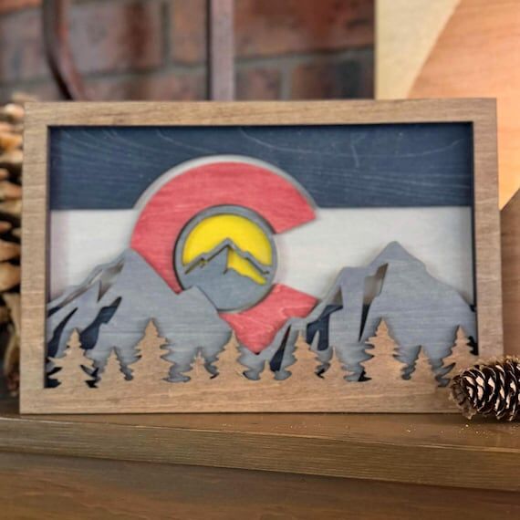 Colorado Mountain Flag Wood Art – Layered F...