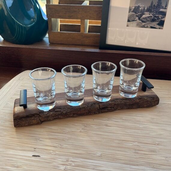 Live-edge walnut whiskey tasting set with sho...