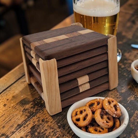 Handmade Walnut Coaster Set with Cherry Inlay...