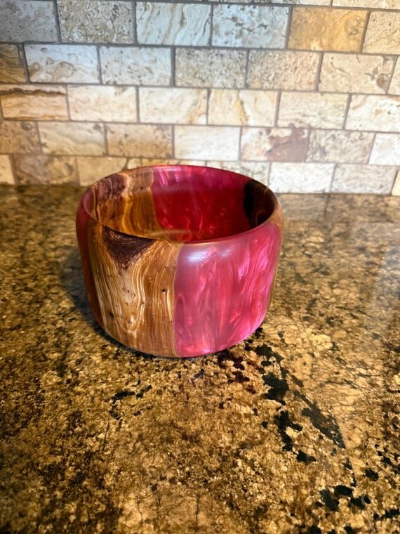 Handcrafted Wood & Pink Epoxy Bowl...