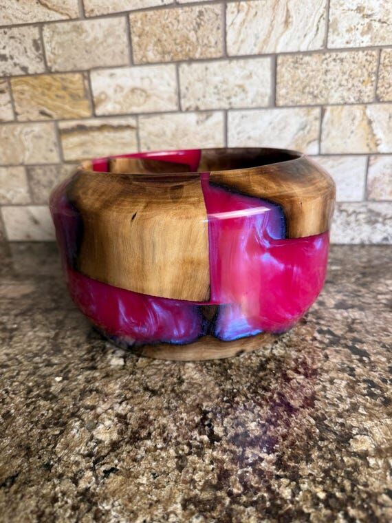 Hand Turned Wood Epoxy Bowl – Magenta Metal...