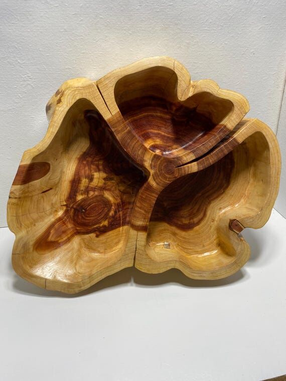 Hand Carved Cedar Snack Platter: 3-Compartmen...
