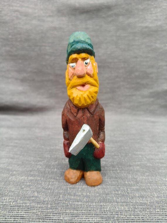 Hand Carved Lumberjack Figurine Woodsman Hand...