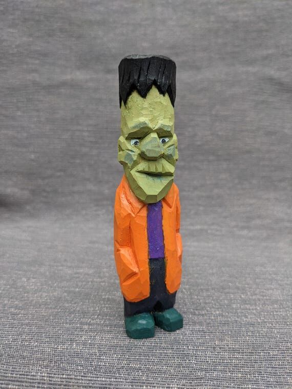Hand Carved Frankenstein Halloween Ornament W...