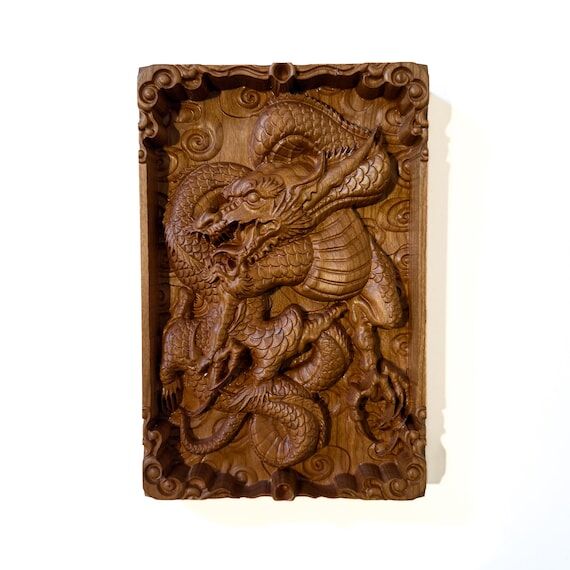 Cherry Wood Dragon Wall Art: Hand-Carved East...