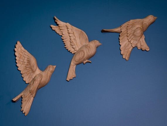 Oak Wooden Birds Wall Art: 3D Relief Home Dec...