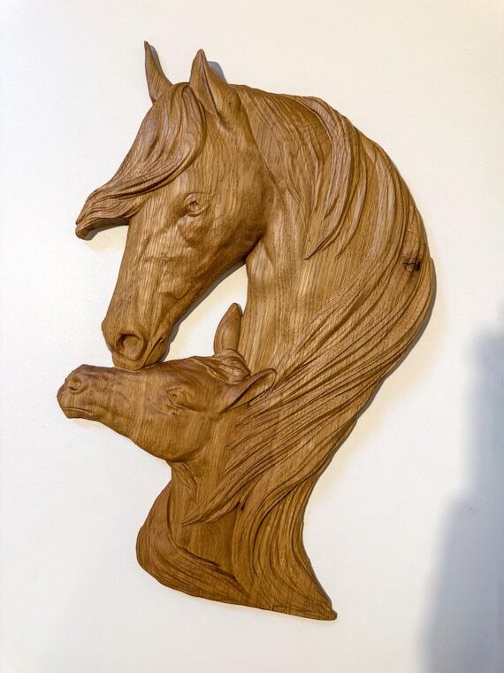 Oak Horse & Foal Carving: Rustic Wood Wall Ar...