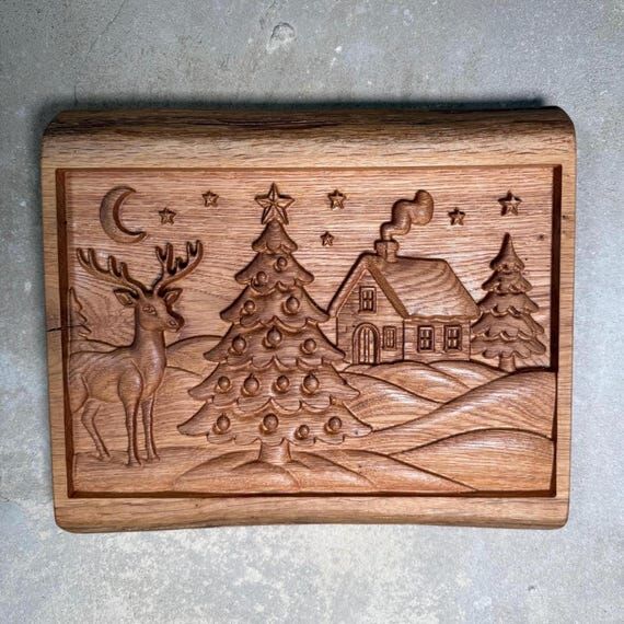 Carved Oak Christmas Wall Art | Reindeer & Ca...