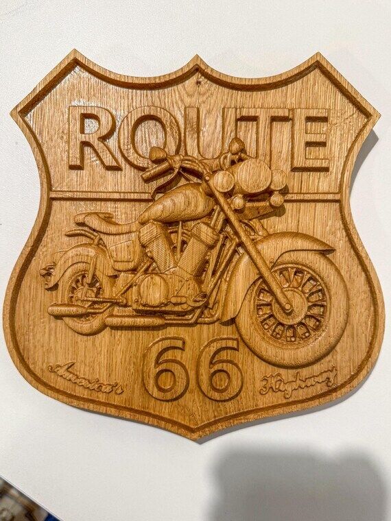 Handmade Solid Oak Route 66 Motorcycle Sign: ...