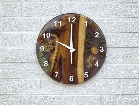 Live Edge Teak Wood Wall Clock, epoxy clock, ...