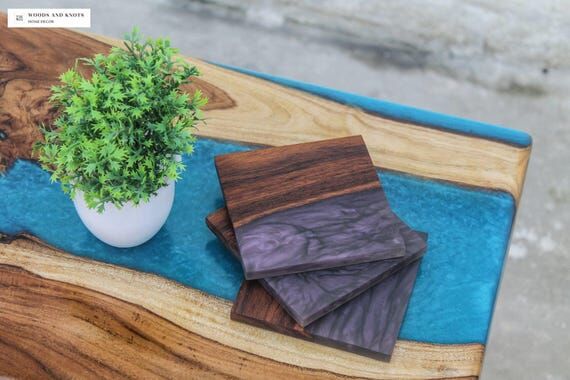 Teak Wood & Epoxy Resin Coaster Set with Hold...