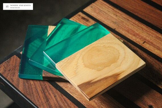 Navy Green Resin River Coasters: Teak Wood Dr...
