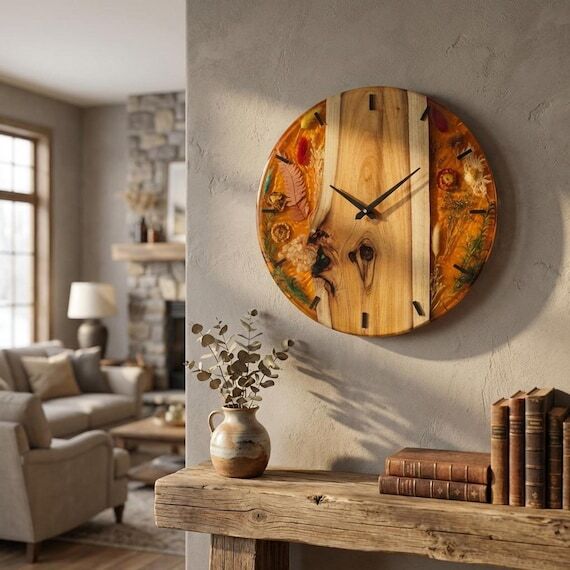 Live Edge Resin Wood Wall Clock, Teak Epoxy F...