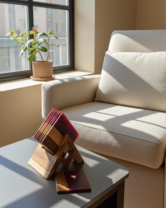 Handmade Teak Wood & Burgundy Resin Coaster S...