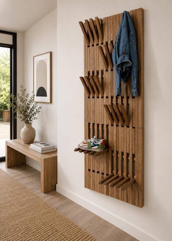 Entryway oak organizer, Folding hooks storage...