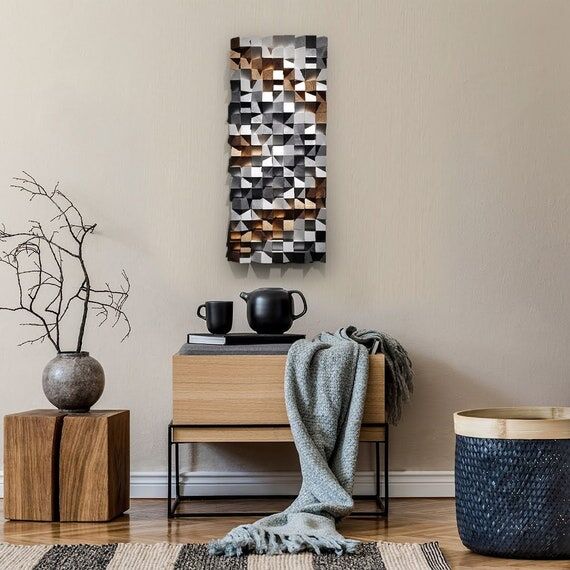 Silver Brown Mosaic Wall Art, Geometric 3D Ha...