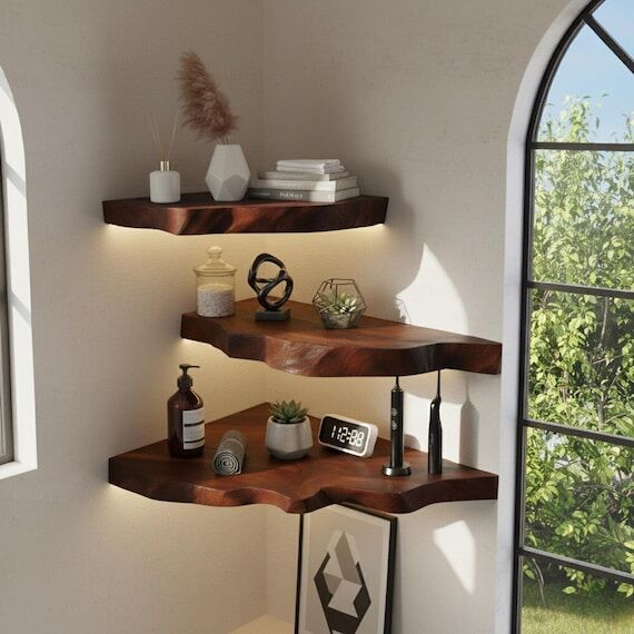 Handmade Live Edge Corner Shelf-Rustic Teak R...