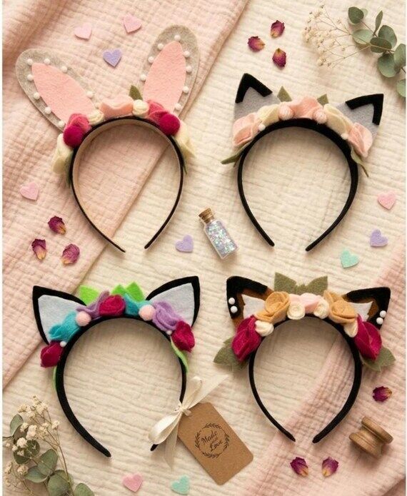 4 headbands for girls: cat, fox, bunny, racco...
