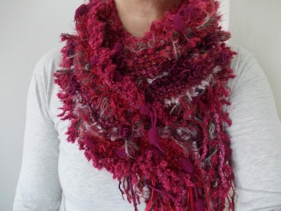 Hand Knit Boho Pom Pom Scarf, Unique Burgundy...