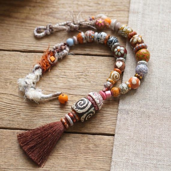 Unique Hand Painted Wooden Beads Tassel Neckl...