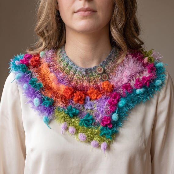 Rainbow Crochet Cowl Scarf Necklace, Asymmetr...