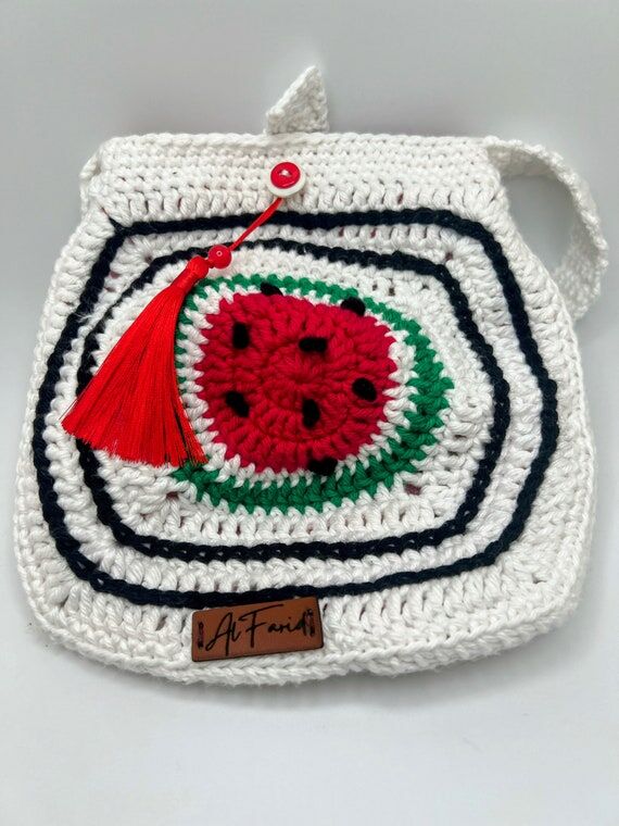 Crochet white Square Bag With Slice Watermelo...