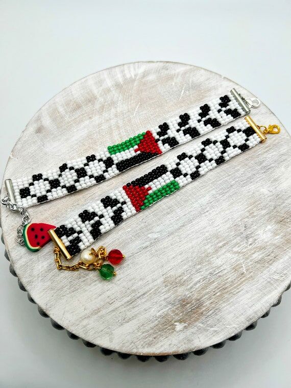 Palestine Kofia with Flag Loom Beads Adjustab...