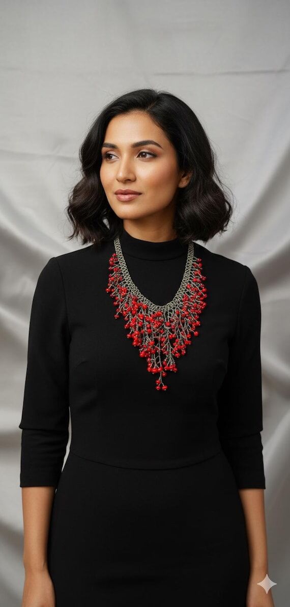 Handmade Red Seaweed Design Dangling Beaded N...