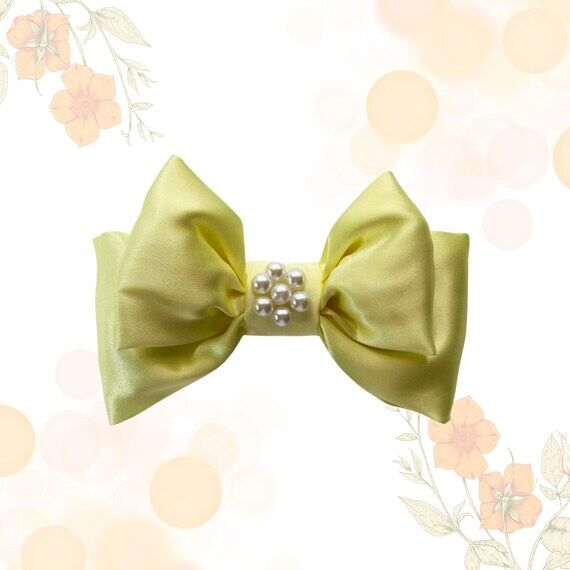 Satin Yellow Hair Bow: Pearl Accent Clip....