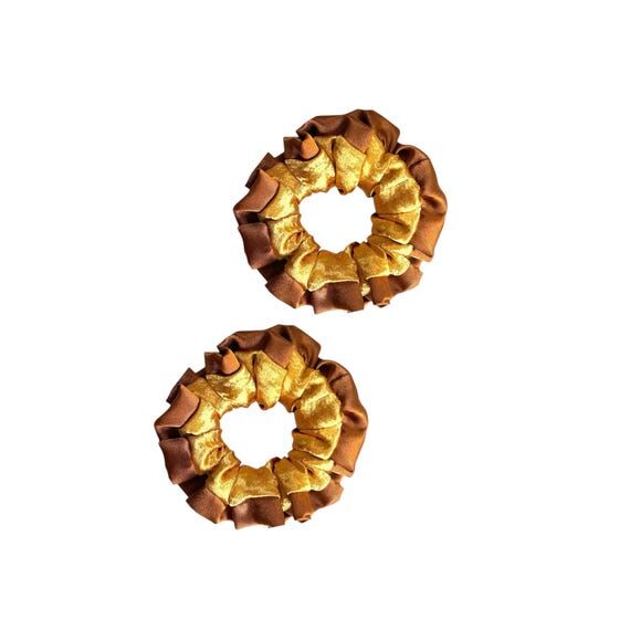 Gold Satin Scrunchies with Brown Trim: Elegan...