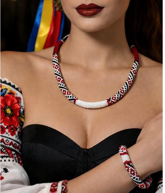 Ukrainian Beaded Necklace Set Red Black White...