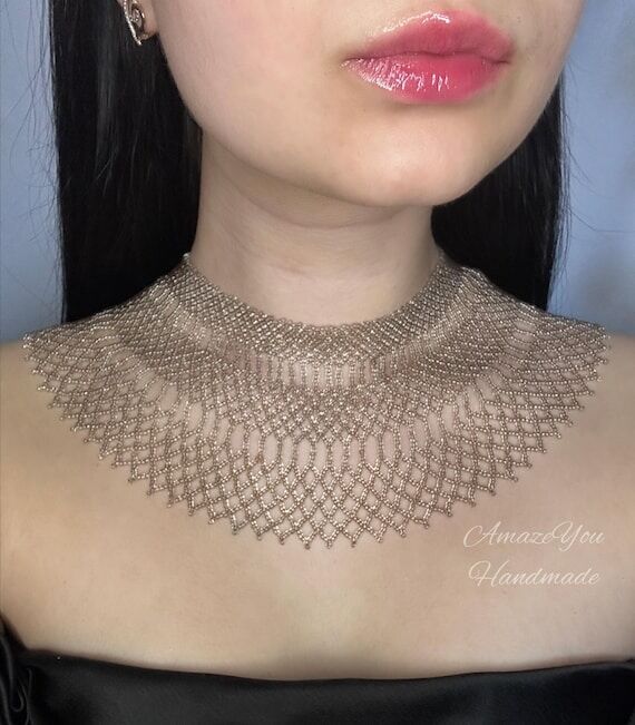 Champagne Beaded Choker Necklace, Wide Statem...