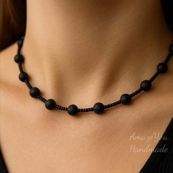Lava Stone Necklace, Minimalist Black Necklac...