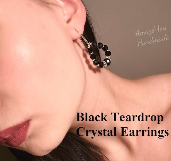 Handmade Black Teardrop Crystal Earrings, Ele...