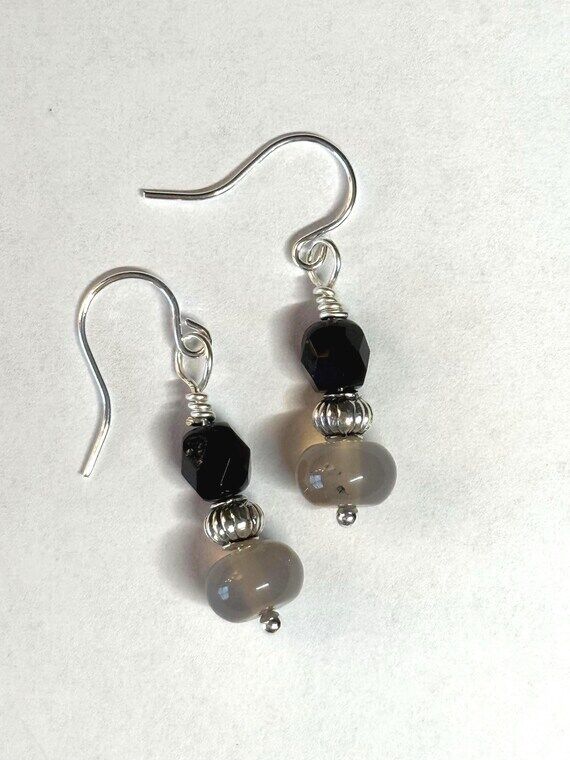Grey agate stone, silver, black glass bead ea...