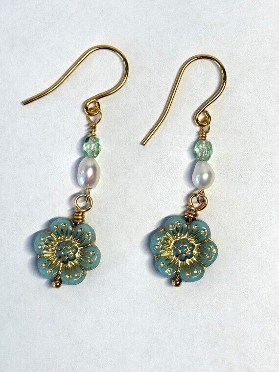 Mint Green Glass Flower Beaded Boho Dangle Ea...