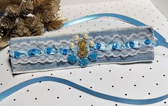 Virgin Mary Denim Cuff Bracelet: Upcycled Gua...
